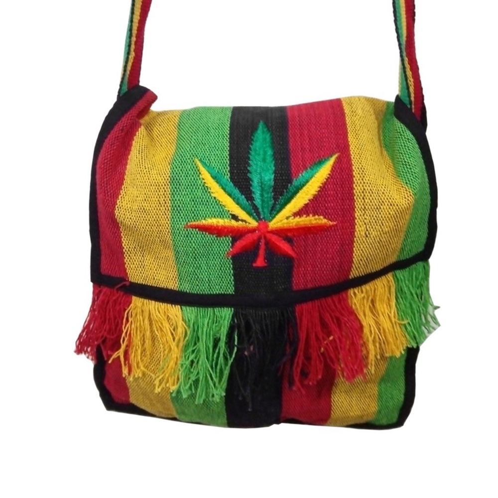 Rasta Stripe Crossbody Bag with Embroidered Leaf - Multicolor